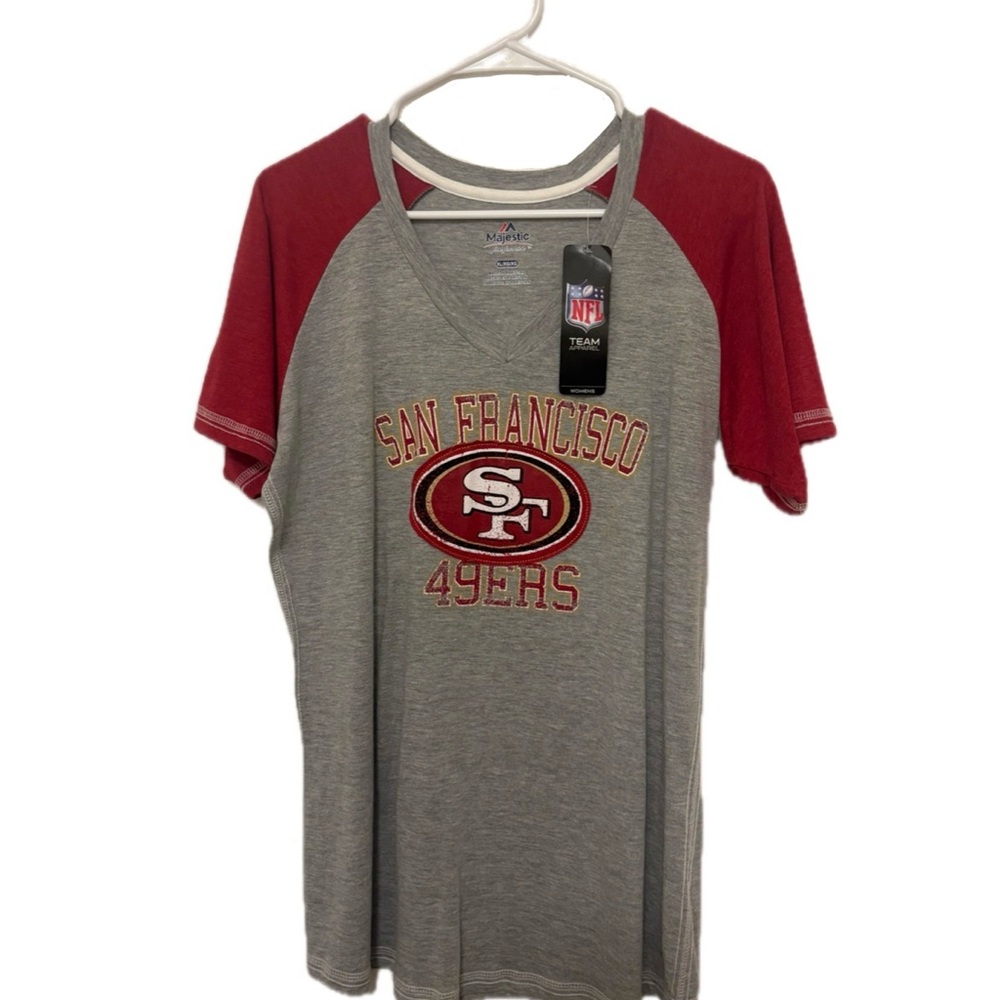Majestic San Francisco 49ers Gray & Red Raglan V-Neck Tee